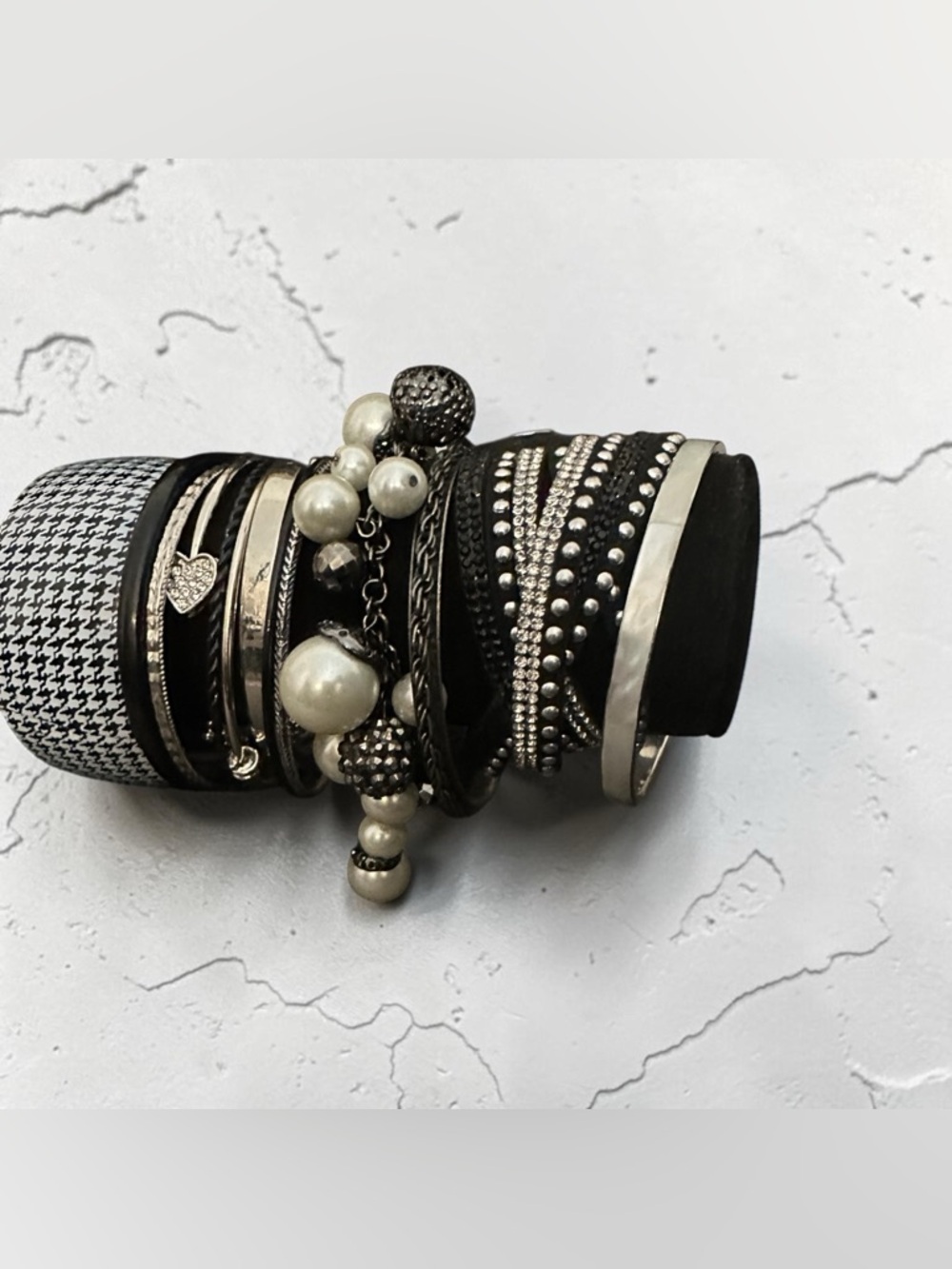 Boho Glam Stacking Bracelets Gunmetal Hematite Crystals & Multi Strand Leather